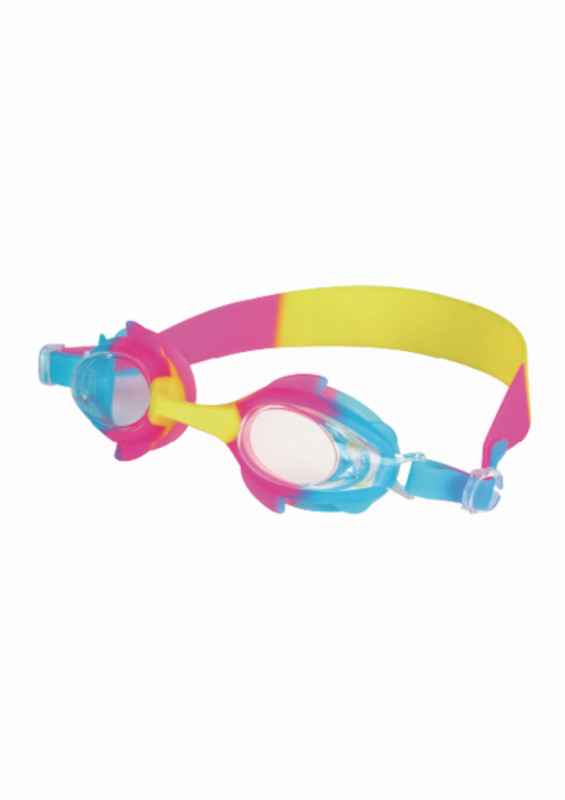 Pink and yellow child goggles.